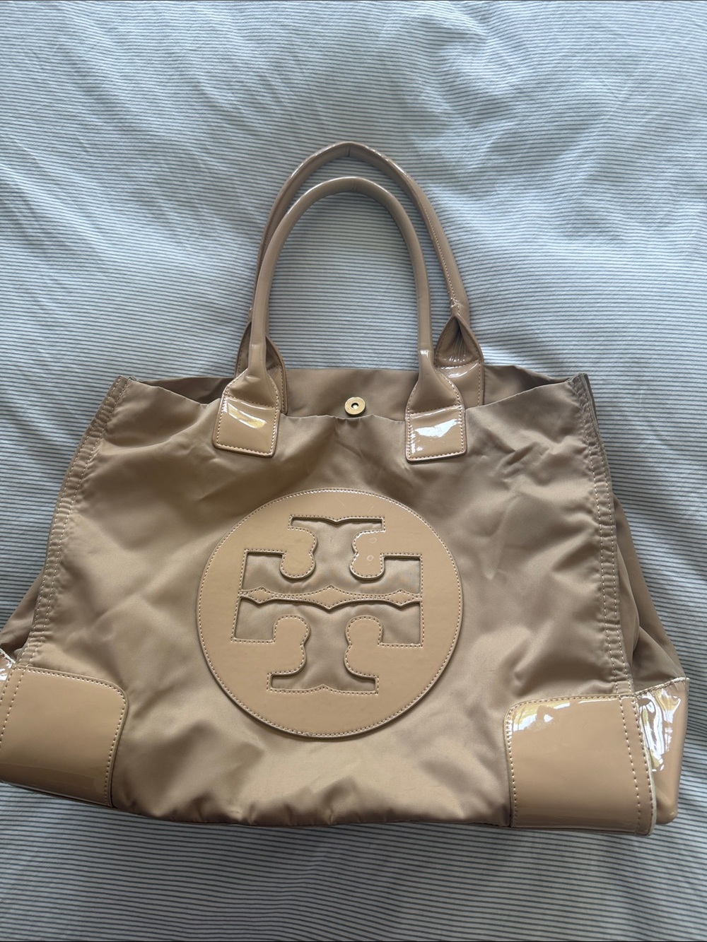Tory Burch Nude Patent-Trim Nylon Tote